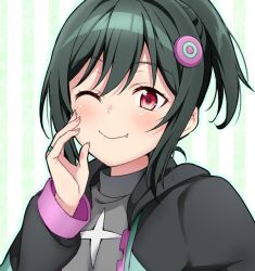 Rule 34 | 1girl, black jacket, closed mouth, fang, fang out, go our way!, green hair, grey shirt, hair between eyes, hair ornament, highres, hood, hooded jacket, jacket, jewelry, long sleeves, looking at viewer, love live!, love live! nijigasaki high school idol club, mifune shioriko, one eye closed, open clothes, open jacket, red eyes, ring, shirt, short hair, short ponytail, sidelocks, smile, solo, striped background, upper body, yamada taishi