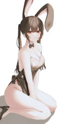 Rule 34 | 1girl, animal ears, bare shoulders, between legs, black bow, black bowtie, black footwear, black hair, black leotard, blunt bangs, bow, bowtie, breasts, cleavage, closed mouth, collar, commentary, detached collar, fake animal ears, hand between legs, high heels, highres, large breasts, leotard, long hair, looking at viewer, mole, mole under eye, original, playboy bunny, rabbit ears, red eyes, sidelocks, simple background, sitting, solo, strapless, strapless leotard, symbol-only commentary, twintails, wariza, white background, white collar, yuje kr