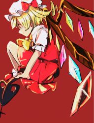 Rule 34 | 1girl, absurdres, blonde hair, blue gemstone, collared shirt, flandre scarlet, floating, frilled hat, frilled shirt, frilled sleeves, frills, gem, glowing, glowing eyes, hat, hat ornament, hat ribbon, highres, jewelry, laevatein (touhou), medium hair, mob cap, neckerchief, pleated skirt, ponytail, puffy short sleeves, puffy sleeves, purple gemstone, red background, red eyes, red footwear, red gemstone, red ribbon, red skirt, red vest, ribbon, shaded face, shirt, shoes, short sleeves, side ponytail, simple background, sitting, skirt, so happy 64, touhou, vampire, vest, white headwear, white shirt, wings, yellow gemstone, yellow neckerchief