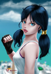 Rule 34 | 1girl, :q, absurdres, artist name, bad id, bad pixiv id, black gloves, black hair, blue eyes, bra, cityscape, clenched hand, dragon ball, dragonball z, fingerless gloves, from side, ghostcero, gloves, hair tubes, highres, lingerie, lips, looking at viewer, low twintails, parted lips, purple bra, shirt, sleeveless, sleeveless shirt, solo, tank top, tongue, tongue out, twintails, underwear, upper body, videl, white shirt