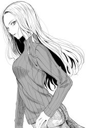 Rule 34 | 1girl, attsun (atsushi jb), breasts, denim, dutch angle, forehead, from side, greyscale, highres, jeans, long hair, looking at viewer, medium breasts, monochrome, original, pants, parted lips, ribbed sweater, solo, sweater, turtleneck, turtleneck sweater