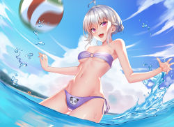 Rule 34 | 1girl, :d, absurdres, ahoge, aluo 7762, animal print, ball, bandeau, bare arms, bare shoulders, bear print, bikini, blue sky, breasts, cloud, cowboy shot, day, groin, hair between eyes, head tilt, highres, looking at viewer, navel, o-ring, o-ring bikini, open mouth, original, outdoors, panda print, pink eyes, purple bikini, short hair, side-tie bikini bottom, silver hair, sky, small breasts, smile, solo, standing, stomach, strapless, strapless bikini, swimsuit, thighs, volleyball, volleyball (object), wading, water
