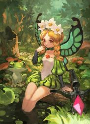 Rule 34 | 1girl, blonde hair, bow (weapon), braid, butterfly wings, crossbow, fairy, flower, frog, hair flower, hair ornament, ingway (odin sphere), insect wings, lack, lily pad, long hair, mercedes (odin sphere), odin sphere, pointy ears, puff and slash sleeves, puffy sleeves, red eyes, tongue, tongue out, twin braids, weapon, wings