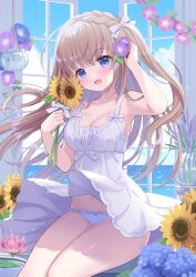 Rule 34 | 1girl, :d, bare arms, blue eyes, blue flower, blush, bow, braid, breasts, brown hair, cleavage, cloud, collarbone, comiket 102, commentary request, cowboy shot, crown braid, curvy, day, dress, eyelashes, eyes visible through hair, floating hair, flower, hair between eyes, hair flower, hair ornament, happy, highres, holding, holding flower, hoshimame mana, indoors, long hair, looking at viewer, medium breasts, morning glory, ocean, open mouth, original, panties, pantyshot, partial commentary, pink flower, purple flower, sitting, smile, solo, summer, sundress, sunflower, thighs, two side up, underwear, white bow, white dress, white panties, wind, wind lift, window