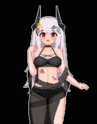Rule 34 | 1girl, animated, animated gif, arknights, bare shoulders, bikini, black background, black bikini, breasts, choker, cleavage, cowboy shot, flower, grey hair, hair flower, hair ornament, hands up, horns, infection monitor (arknights), large breasts, long hair, looking at viewer, looping animation, material growth, mudrock (arknights), mudrock (silent night) (arknights), official alternate costume, open mouth, oripathy lesion (arknights), outline, pawamo power, pixel art, pointy ears, red eyes, see-through, simple background, solo, straight-on, swimsuit, white hair, white outline