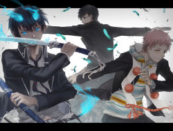 Rule 34 | 3boys, ao no exorcist, bad id, bad pixiv id, black hair, blue eyes, blue hair, brothers, glasses, gun, letterboxed, male focus, multiple boys, necktie, okumura rin, okumura yukio, pink hair, pointy ears, robinexile, shima renzou, siblings, staff, striped necktie, striped neckwear, sword, tail, weapon, yellow eyes