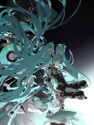 Rule 34 | 1girl, absurdly long hair, black background, black bodysuit, bodysuit, closed mouth, copyright name, floating hair, gradient background, green eyes, green hair, grey background, hair between eyes, hatsune miku, headgear, highres, long hair, looking away, nine (liuyuhao1992), solo, squatting, tiptoes, transparent, twintails, very long hair, vocaloid, white background