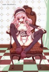 Rule 34 | 1girl, checkered floor, floor, goth fashion, highres, imaizumi atsushi, nipples, non-web source, panties, perspective, pink hair, solo, spread legs, thighhighs, underwear