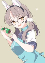 Rule 34 | 1girl, angel&#039;s 24 uniform (blue archive), animal ears, apron, black bow, black bowtie, blue apron, blue archive, blush, bottle, bow, bowtie, breasts, brown background, collared shirt, fake animal ears, glasses, heart, hidejiu, highres, holding, holding bottle, large breasts, long hair, low twintails, moe (blue archive), official alternate costume, open mouth, polo shirt, rabbit ears, round eyewear, shirt, short sleeves, simple background, solo, twintails, white shirt