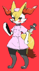 Rule 34 | 1girl, absurdres, animal ear fluff, animal ears, animal hands, animal nose, barefoot, black fur, blush, body fur, braixen, breast pocket, chizi, clipboard, closed mouth, clothed pokemon, creatures (company), dress, female focus, flat chest, fox ears, fox girl, fox tail, full body, furry, furry female, game freak, gen 6 pokemon, hand on own hip, hand up, hat, highres, holding, nintendo, nurse, nurse cap, pink dress, pocket, pokemon, pokemon (creature), red background, red eyes, short sleeves, simple background, sketch, snout, solo, standing, syringe, tail, white fur, yellow fur