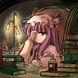 Rule 34 | 1girl, blush, book, book stack, chair, crescent, desk, expressionless, female focus, hat, lamp, library, long hair, lowres, mizumoto tadashi, no nose, patchouli knowledge, purple eyes, purple hair, solo, touhou, voile
