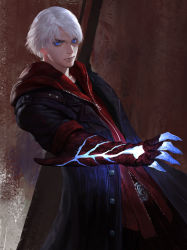Rule 34 | 1boy, belt buckle, black shirt, blue coat, blue eyes, buckle, closed mouth, coat, collarbone, devil may cry (series), devil may cry 4, diaodiao, glowing, highres, hood, hood down, male focus, nero (devil may cry), open clothes, open coat, shirt, sleeves rolled up, solo, sword, weapon, weapon on back, white hair, zipper, zipper pull tab
