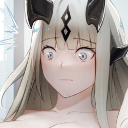 Rule 34 | 1girl, arknights, blunt bangs, grabbing another&#039;s breast, collarbone, commentary, commission, english commentary, grabbing, grey background, grey hair, horns, indoors, krirk, long hair, pixiv commission, portrait, reed (arknights), solo