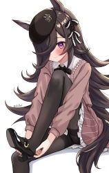 Rule 34 | 1girl, adjusting footwear, alternate costume, animal ears, beret, black pantyhose, blush, casual, commentary request, eluthel, hair ornament, hair over one eye, hat, high heels, highres, horse ears, horse girl, horse tail, mary janes, pantyhose, putting on shoes, rice shower (umamusume), shoe soles, shoes, simple background, sitting, smile, solo, tail, umamusume, white background