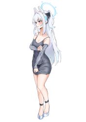 Rule 34 | 1girl, alternate costume, animal ears, bare shoulders, blue archive, blue halo, blush, breasts, cleavage, clov3r, collarbone, detached sleeves, dress, earpiece, fake animal ears, full body, grey dress, grey footwear, grey hair, hair between eyes, halo, highres, large breasts, long hair, miyako (blue archive), one side up, open mouth, purple eyes, rabbit ears, shoes, simple background, solo, white background