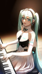 Rule 34 | 1girl, absurdly long hair, aqua eyes, aqua hair, artist name, artist request, bare shoulders, black hairband, black ribbon, blue eyes, blue hair, breasts, character name, clothes writing, darkness, dress, elbow gloves, eyelashes, female focus, gloves, hair between eyes, hairband, hatsune miku, high collar, highres, indoors, instrument, long hair, looking away, miku symphony (vocaloid), missholmes, music, neck ribbon, number tattoo, open mouth, piano, piano bench, playing instrument, ribbon, shaded face, shadow, shoulder tattoo, sitting, sleeveless, sleeveless dress, small breasts, solo, spotlight, straight hair, tattoo, twintails, very long hair, vocaloid, white dress, white gloves, wooden floor