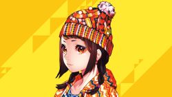 Rule 34 | beanie, braid, brown hair, commentary request, drawstring, eyeliner, hat, highres, hood, hood down, looking at viewer, makeup, mika pikazo, multicolored clothes, multicolored hat, original, red eyes, sidelocks, solo, swept bangs, third-party source, twin braids, upper body, yellow background