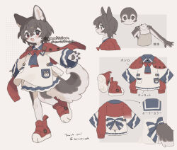 :d animal_ears animal_hands bare_arms bare_legs blue_bow blush bow camisole character_sheet commission crossed_bangs dog_boy dog_ears dog_tail dot_nose english_text from_side full_body furry furry_male gomafuto grey_eyes grey_fur grey_hair highres long_bangs long_sleeves looking_ahead open_mouth original outstretched_arms red_bow red_footwear shirt shoes simple_background skeb_commission smile spread_arms standing standing_on_one_leg tail three_quarter_view twitter_username white_background white_camisole white_fur white_shirt wide_sleeves