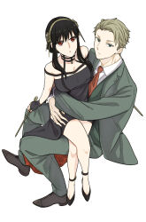 Rule 34 | 1boy, 1girl, bare shoulders, black hair, breasts, cleavage, dagger, dress, earrings, formal, gold earrings, gold hairband, green suit, hair ornament, hairband, highres, holding, holding dagger, holding knife, holding weapon, husband and wife, jewelry, knife, large breasts, long hair, long sleeves, medium breasts, open mouth, red tie, shirt, sidelocks, simple background, spy x family, stiletto (weapon), suit, sunbo zatta, twilight (spy x family), two-sided dress, two-sided fabric, weapon, yor briar