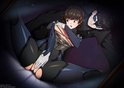 Rule 34 | 1boy, 1girl, black jumpsuit, braid, covering breasts, covering crotch, covering privates, jumpsuit, leaning on person, niijima makoto, persona, persona 5, spread legs, tagme, torn clothes