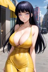 Rule 34 | ai-generated, breasts, dress, huge breasts, hyuuga hinata, naruto (series), tagme, yellow dress