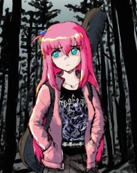 Rule 34 | 1girl, black shirt, blue eyes, blue pupils, bocchi the rock!, closed mouth, collarbone, commentary, cube hair ornament, emperor (band), forest, frown, furrowed brow, gotoh hitori, grey skirt, guitar case, hair between eyes, hair ornament, hands in pockets, highres, instrument case, jacket, long hair, long sleeves, looking to the side, nature, one side up, open clothes, open jacket, pink hair, pink jacket, pleated skirt, pocket, shirt, single vertical stripe, skirt, solo, standing, symbol-only commentary, track jacket, tree, zawabug
