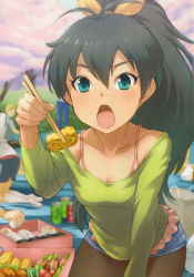 Rule 34 | 1girl, aqua eyes, bag, black hair, bow, bra, breasts, can, cherry blossoms, chopsticks, cleavage, drink can, fang, feeding, food, ganaha hibiki, hair bow, highres, idolmaster, idolmaster (classic), incoming food, mikel (4hands), open mouth, picnic, skirt, soda can, solo, sushi, tempura, tomato, tree, underwear