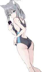 Rule 34 | 1girl, absurdres, adjusting clothes, adjusting swimsuit, animal ear fluff, animal ears, ass, bare arms, bare shoulders, blue archive, blue eyes, breasts, cellphone, competition swimsuit, criss-cross halter, feet out of frame, grey hair, halterneck, highres, holding, holding phone, looking at viewer, looking back, low ponytail, one-piece swimsuit, phone, shiroko (blue archive), shiroko (swimsuit) (blue archive), short hair, short ponytail, simple background, small breasts, smartphone, solo, standing, swimsuit, taking picture, tiara (871220), white background