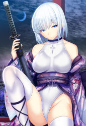 Rule 34 | 1girl, blue eyes, breasts, crescent moon, cross, cross necklace, daiaru, highleg, highleg leotard, highres, japanese clothes, jewelry, katana, kimono, leotard, looking at viewer, medium breasts, moon, necklace, night, obi, off shoulder, original, sash, short hair, sitting, solo, sword, thighhighs, weapon, white hair, white thighhighs