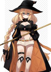 Rule 34 | 1girl, 710 ao, aesc (fate), aesc (rain witch) (fate), belt, black bow, black coat, black gloves, black jacket, blonde hair, blue eyes, boots, bow, braid, breasts, cleavage, coat, crop top, fate/grand order, fate (series), feet out of frame, glasses, gloves, hair bow, hat, highleg, highleg panties, highres, holding, holding staff, jacket, large breasts, long sleeves, low twin braids, medium breasts, multicolored clothes, multicolored jacket, navel, open clothes, open jacket, orange belt, panties, red-framed eyewear, short shorts, shorts, sidelocks, simple background, solo, staff, thigh boots, thigh strap, twin braids, two-tone jacket, underwear, white footwear, white shorts, wide brim, witch hat