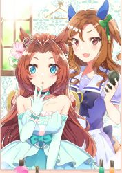 Rule 34 | 2girls, absurdres, alternate costume, bare shoulders, blouse, blue eyes, bottle, bow, bridal veil, bride, brown eyes, brown hair, clothes hanger, dress, ear covers, elbow gloves, eyes visible through hair, flower, gloves, gown, green bow, hair intakes, highres, jewelry, kawakami princess (bride-to-be!!) (umamusume), kawakami princess (umamusume), king halo (umamusume), long hair, looking at viewer, makeup, medium hair, mirror image, multiple girls, name connection, necklace, official alternate costume, perfume bottle, pleated skirt, purple shirt, rin (yukameiko), school uniform, shirt, short sleeves, skirt, sleeveless, strapless, strapless dress, tiara, tracen school uniform, umamusume, veil, wavy hair, wedding dress, white skirt, wrist cuffs