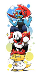 Rule 34 | alphys, buck teeth, cape, clenched hands, colored sclera, eyepatch, fins, flying sweatdrops, glasses, grin, head fins, human tower, lab coat, papyrus (undertale), ponytail, rebecca (keinelove), red cape, red footwear, red hair, shoes, skeleton, smile, stacking, tank top, teeth, undertale, undyne, yellow sclera
