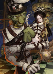 Rule 34 | 1boy, 1girl, alice: madness returns, alice (alice in wonderland), alice liddell, american mcgee's alice, belt, belt boots, black hair, boots, brown eyes, gears, green thighhighs, hand on another&#039;s face, hat, highres, jewelry, lingxia, lock, long hair, looking at another, looking at viewer, necklace, padlock, straitjacket, thighhighs, top hat
