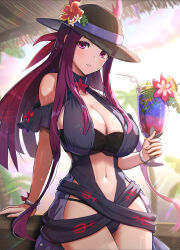 Rule 34 | 1girl, alternate costume, bare shoulders, black hat, black one-piece swimsuit, breasts, casual one-piece swimsuit, cleavage, clothing cutout, cocktail glass, cup, dress, dress swimsuit, drink, drinking glass, drinking straw, female focus, fire emblem, fire emblem engage, fire emblem heroes, flower, gonzarez, hat, hat flower, highres, holding, holding cup, ivy (fire emblem), ivy (summer) (fire emblem), large breasts, long hair, looking at viewer, matching hair/eyes, mole, mole under mouth, nintendo, official alternate costume, one-piece swimsuit, outdoors, palm tree, parted lips, purple eyes, purple hair, see-through headwear, sitting, solo, stomach cutout, sunlight, swimsuit, tree, tropical drink