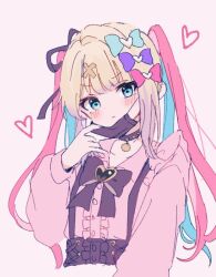 Rule 34 | 1girl, arm at side, black bow, black bowtie, black choker, black mask, black ribbon, blonde hair, blue bow, blue eyes, blush, bow, bowtie, brooch, choker, chouzetsusaikawa tenshi-chan, closed mouth, collared shirt, cropped torso, dot nose, frown, hair bow, hair ribbon, hand up, heart, heart brooch, jewelry, jirai kei, kabe (zp66104), long bangs, long sleeves, looking at viewer, mask, mask around neck, mask pull, needy girl overdose, pink bow, pink shirt, purple bow, ribbon, shirt, sidelocks, simple background, solo, studded choker, twintails, v-shaped eyebrows, white background