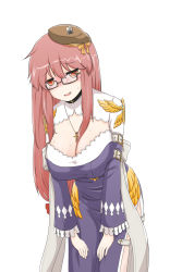 Rule 34 | 1girl, arm belt, belt, black-framed eyewear, blush, breasts, brown eyes, cardinal (ragnarok online), cleavage, cleavage cutout, clothing cutout, commentary, cowboy shot, cross, cross necklace, dress, english commentary, glasses, hair between breasts, highres, jewelry, large breasts, leaning forward, long hair, looking at viewer, necklace, open mouth, pink hair, purple dress, ragnarok online, semi-rimless eyewear, simple background, smile, solo, standing, two-tone dress, under-rim eyewear, white background, white belt, white dress, xiaoxiao (ranranru21)