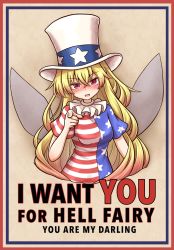 Rule 34 | 1girl, american flag, american flag dress, american flag hat, blonde hair, breasts, clownpiece, dress, english text, fairy, fairy wings, hat, highres, long hair, neck ruff, shitacemayo, small breasts, solo, top hat, touhou, very long hair, wings