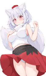 Rule 34 | 1girl, animal ears, backboob, black skirt, blush, breasts, clenched hand, closed mouth, clothes lift, commentary request, eyelashes, from below, hair between eyes, hand on own chest, hands up, hat, inubashiri momiji, large breasts, looking at viewer, panties, panty peek, pleated skirt, pom pom (clothes), red eyes, red hat, red skirt, rururiaru, shirt, simple background, skirt, skirt lift, sleeveless, sleeveless shirt, solo, tail, tail raised, tokin hat, touhou, two-tone skirt, underwear, white background, white panties, white shirt, wind, wind lift, wolf ears, wolf girl, wolf tail