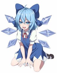 Rule 34 | 1girl, :d, ahoge, black footwear, blue background, blue dress, blue eyes, blue hair, blush, cirno, collared shirt, crystal, dress, eyelashes, fingernails, full body, hair between eyes, hands on ground, highres, legs together, looking at viewer, lower teeth only, mary janes, neck ribbon, open mouth, pinafore dress, puffy short sleeves, puffy sleeves, red ribbon, ribbon, shirt, shoes, short dress, short hair, short sleeves, simple background, sitting, sleeveless dress, smile, socks, solo, teeth, thighs, tongue, touhou, wariza, white background, white shirt, white socks, wing collar, wings, yoshinatsu