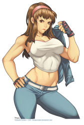 Rule 34 | 1girl, bad deviantart id, bad id, belt, breasts, brown hair, cleavage, clenched hand, covered erect nipples, dead or alive, denim, elizabeth torque, eyebrows, female focus, fingerless gloves, gloves, grey eyes, hairband, hand on own hip, highres, hitomi (doa), jacket, jacket on shoulders, unworn jacket, jeans, large breasts, long hair, midriff, navel, over shoulder, pants, sidelocks, solo, tank top, taut clothes, toned