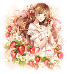 Rule 34 | 1girl, bad id, bad pixiv id, bracelet, brown eyes, brown hair, curly hair, dress, earrings, food, fruit, hagiwara rin, hair ornament, hair ribbon, jewelry, long hair, looking at viewer, md5 mismatch, necklace, open mouth, original, puffy short sleeves, puffy sleeves, resolution mismatch, ribbon, short sleeves, smile, solo, source larger, strawberry, very long hair, white dress
