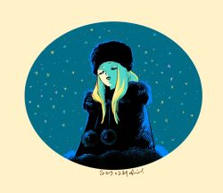 Rule 34 | 1girl, black hat, blonde hair, closed eyes, coat, commentary, cosplay, dated, emma (veil), ginga tetsudou 999, hat, highres, kotteri, maetel, maetel (cosplay), night, night sky, sky, solo, star (sky), symbol-only commentary, upper body, veil (manga)