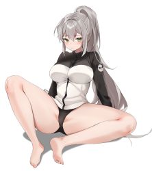Rule 34 | 1girl, barefoot, blush, breasts, commission, coqua, frown, green eyes, highres, jacket, large breasts, long hair, looking at viewer, panties, ponytail, simple background, soles, solo, spread legs, thighs, toes, underwear, very long hair, white background, white hair