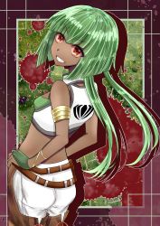 Rule 34 | 1girl, absurdres, artist request, ass, bare shoulders, belt, blush, breasts, dark-skinned female, dark skin, emerald sustrai, female focus, fingerless gloves, from behind, gloves, green hair, grin, highres, long hair, looking at viewer, looking back, low ponytail, ponytail, red eyes, rwby, shiny skin, shorts, sideboob, smile, solo