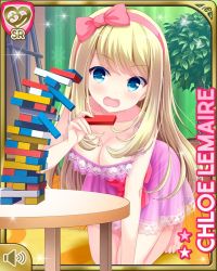 Rule 34 | 1girl, all fours, barefoot, blonde hair, blue eyes, bow, breasts, character name, chloe lemaire, cleavage, curtains, girlfriend (kari), hair bow, hairband, indoors, jenga, long hair, nightgown, official art, open mouth, pink nightgown, plant, potted plant, qp:flapper, ribbon, solo, surprised, table, toes
