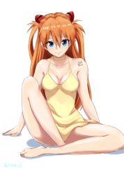 Rule 34 | 1girl, arms at sides, artist name, bare arms, bare legs, bare shoulders, barefoot, breasts, choker, cleavage, closed mouth, convenient leg, dress, full body, hazamanokaien, headgear, knee up, kurokku, long hair, long legs, looking at viewer, medium breasts, neon genesis evangelion, number tattoo, orange hair, pink lips, sleeveless, sleeveless dress, smile, solo, souryuu asuka langley, spread legs, sundress, tattoo, twintails, twitter username, two side up, yellow dress