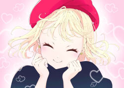 Rule 34 | 1girl, beret, blonde hair, blush, closed eyes, earrings, hands on own cheeks, hands on own face, hands up, hat, heart, jewelry, lavie (cestbonlavie), original, pink background, short hair, smile, solo, turtleneck, upper body
