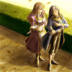 Rule 34 | 00s, 2girls, autumn leaves, black hair, boots, breasts, brown footwear, brown hair, brown pants, capri pants, cleavage, clothing cutout, dress, emblem, green gemstone, eugene, gem, green eyes, hand in pocket, hedge, holding, holding paper, index finger raised, jewelry, juliet sleeves, letter, long sleeves, medium breasts, meister otome uniform, mixed media, multiple girls, my-otome, natsuki kruger, navel, navel cutout, outdoors, pants, paper, parted lips, pink dress, pointing, pointing finger, puffy long sleeves, puffy sleeves, red eyes, ring, shizuru viola, shoes, sidelocks, standing, stomach