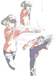 Rule 34 | 1girl, action, closed mouth, commentary request, fighting stance, grey eyes, grey hair, grey pants, highres, jitome, kicking, leg up, long sleeves, muchi maro, multiple views, pants, ponytail, standing, standing on one leg, sweater