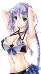 Rule 34 | 1girl, alternate costume, amou yuu, arms behind head, bikini, blue eyes, bow, bow bikini, braid, braided ponytail, breasts, cleavage, collarbone, commentary request, covered erect nipples, hair between eyes, kantai collection, large breasts, looking at viewer, navel, sarong, sidelocks, silver hair, simple background, single braid, smile, solo, swimsuit, umikaze (kancolle), white background